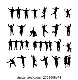 Greek Evzone dance. Dancing vector silhouette illustration isolated white. Traditional folk dance. Wedding dancing couple. Balkan dance kolo shape. Sirtaki, Syrtaki, hasapiko dancer. Groom and bride.