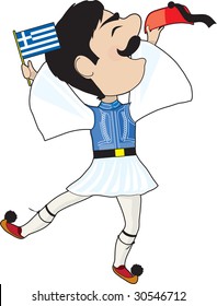 A Greek Evzone Dancing With A Greek Flag