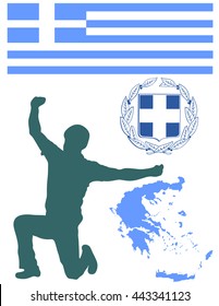 A Greek Evzone dancing folklore vector silhouette isolated on white background. Traditional dance. Greece map, coat of arms and Greece flag. Tourist guide Greek symbol.  Sirtaki, Syrtaki, Zorba dance.