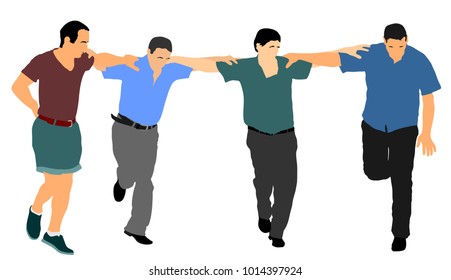 A Greek Evzone dancing group vector isolated on white background. Traditional folk dance. Dancing man vector illustration. Traditional Balkan dance kolo. Sirtaki, Syrtaki, dance. Wedding dance.