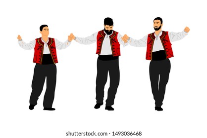 A Greek Evzone dancing vector isolated on white background. Traditional folk dance. Dancer man vector illustration. Balkan Greece folklore kolo. Sirtaki, syrtaki . People on wedding dance ceremony.