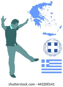 A Greek Evzone dancing vector silhouette isolated on white background.Traditional dance. Greece map, coat of arms and Greece flag.Tourist guide Greek symbol.  Sirtaki, Syrtaki, Zorba dance.