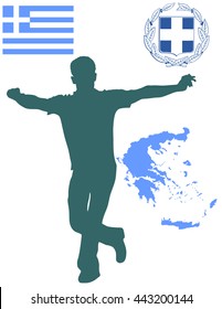 A Greek Evzone dancing vector silhouette isolated on white background.Traditional dance. Greece map, coat of arms and Greece flag.Tourist guide Greek symbol.  Sirtaki, Syrtaki, Zorba dance.