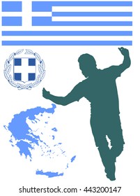 A Greek Evzone dancing vector silhouette isolated on white background.Traditional dance. Greece map, coat of arms and Greece flag.Tourist guide Greek symbol.  Sirtaki, Syrtaki, Zorba dance.