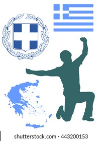 A Greek Evzone dancing vector silhouette isolated on white background.Traditional dance. Greece map, coat of arms and Greece flag.Tourist guide Greek symbol.  Sirtaki, Syrtaki, Zorba dance.