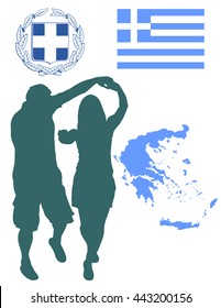 A Greek Evzone dancing vector silhouette isolated on white background. Traditional couple dance. Greece map, coat of arms and Greece flag.Tourist guide Greek symbol.  Sirtaki, Syrtaki, Zorba dance.