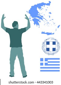 A Greek Evzone dancing vector silhouette isolated on white background.Traditional dance. Greece map, coat of arms and Greece flag.Tourist guide Greek symbol.  Sirtaki, Syrtaki, Zorba dance.