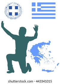 A Greek Evzone dancing vector silhouette isolated on white background.Traditional dance. Greece map, coat of arms and Greece flag.Tourist guide Greek symbol.  Sirtaki, Syrtaki, Zorba dance.