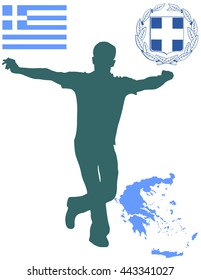 A Greek Evzone dancing vector silhouette isolated on white background.Traditional dance. Greece map, coat of arms and Greece flag.Tourist guide Greek symbol.  Sirtaki, Syrtaki, Zorba dance.