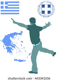 A Greek Evzone dancing vector silhouette isolated on white background.Traditional dance. Greece map, coat of arms and Greece flag.Tourist guide Greek symbol.  Sirtaki, Syrtaki, Zorba dance.