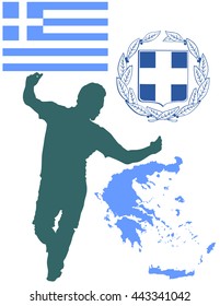 A Greek Evzone dancing vector silhouette isolated on white background.Traditional dance. Greece map, coat of arms and Greece flag.Tourist guide Greek symbol.  Sirtaki, Syrtaki, Zorba dance.