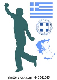 A Greek Evzone dancing vector silhouette isolated on white background.Traditional dance. Greece map, coat of arms and Greece flag.Tourist guide Greek symbol.  Sirtaki, Syrtaki, Zorba dance.