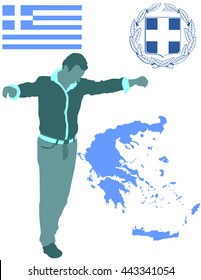 A Greek Evzone dancing vector silhouette isolated on white background.Traditional dance. Greece map, coat of arms and Greece flag.Tourist guide Greek symbol.  Sirtaki, Syrtaki, Zorba dance.