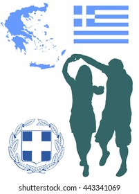 A Greek Evzone dancing vector silhouette isolated on white background. Traditional couple dance. Greece map, coat of arms and flag.Tourist guide Greek symbol.  Sirtaki, Syrtaki, Zorba dance.