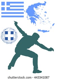 A Greek Evzone dancing vector silhouette isolated on white background.Traditional dance. Greece map, coat of arms and Greece flag.Tourist guide Greek symbol.  Sirtaki, Syrtaki, Zorba dance.