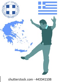 A Greek Evzone dancing vector silhouette isolated on white background.Traditional dance. Greece map, coat of arms and Greece flag.Tourist guide Greek symbol.  Sirtaki, Syrtaki, Zorba dance.