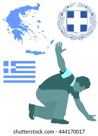 A Greek Evzone dancing vector silhouette isolated on white background.Traditional dance. Greece map, coat of arms and Greece flag.Tourist guide Greek symbol.  Sirtaki, Syrtaki, Zorba dance.