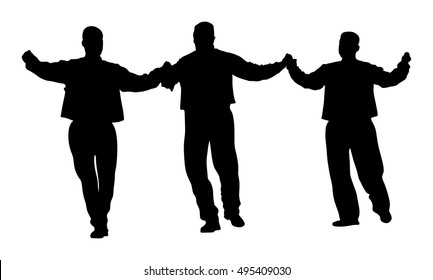 A Greek Evzone dancing vector silhouette isolated on white background. Traditional wedding dance. Dancing man silhouette vector illustration. Balkan dance kolo. Sirtaki, Syrtaki, Zorba dance. 