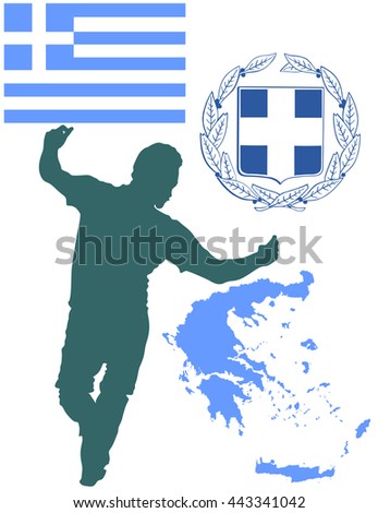 A Greek Evzone dancing vector silhouette isolated on white background.Traditional dance. Greece map, coat of arms and Greece flag.Tourist guide Greek symbol.  Sirtaki, Syrtaki, Zorba dance.