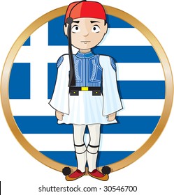 A Greek Evzone standing at attention in frontof a Greek flag