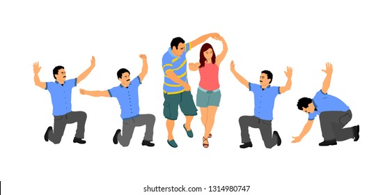 Greek Evzone wedding dance. Dancing group vector isolated on white. Traditional folk dance. Dancing couple vector illustration. Traditional Balkan dance kolo. Sirtaki, Syrtaki, dance. Groom and bride.
