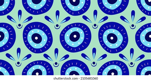 Greek eye Turkish amulet seamless pattern. Turkish eye blue for amulet and protection in endless pattern. Vector illustration in a flat style