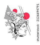 Greek face of statue Hermes in helmet with circles and flowers. Trendy broken ancient marble sculpture of man. Portrait antique god in creative linear style for print. Vector isolated illustration