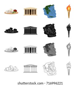 Greek feta cheese, Antique greek temple , the territory of Greece, a torch. Greece set collection icons in cartoon black monochrome outline style vector symbol stock illustration web.