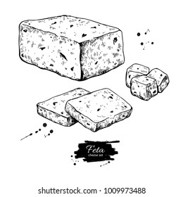 Greek feta cheese block drawing. Vector hand drawn food sketch. Slice and cube cut. Greek salad ingredient.
 Farm market product for label, poster, icon. 
