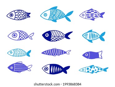 Greek fish, collection of hand drawn illustrations. Blue traditional fish symbols and icons svg