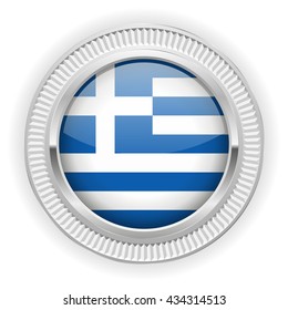 Greek flag buttons with silver border on white background