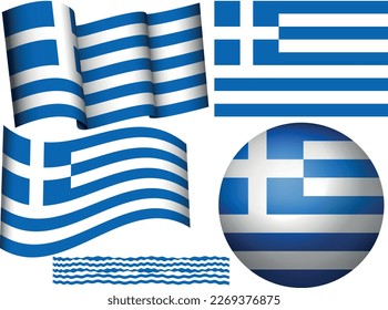 Greek flag. Greece national symbols - waving flag, round badge icon