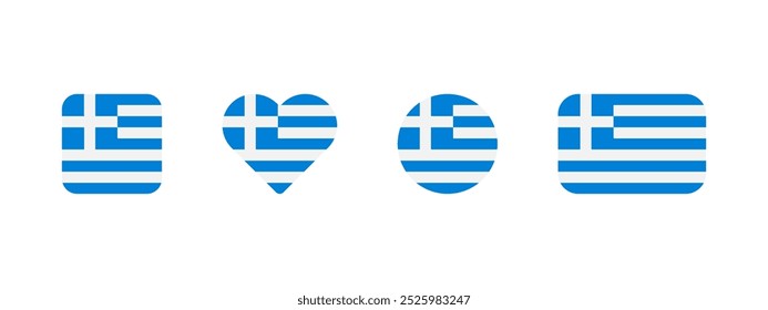 Icono de la bandera griega. Bandera de Grecia signo de Vector. Anuncio nacional griego. Emblema de Atenas. Anuncio multicolor helénico en cuatro Formas diferentes: cuadrado, corazón, círculo y rectángulo. Símbolo de Hellas.