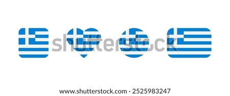 Greek flag icon. Flag of Greece vector sign. Greek national banner. Emblem of Athens. Hellenic multicolor banner in four different shapes: square, heart, circle and rectangle. Hellas symbol.