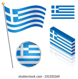 Greek Flag On A Pole, Badge And Isometric Designs Vector Illustration. 