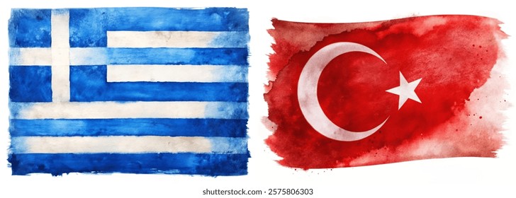 Greek flag watercolor, Turkish flag watercolor, vibrant colors, artistic representation, cultural symbols, national pride.