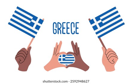 Greek flags illustration. Hands holding greek flags and forming heart shape with fingers, filled with greek flag. Text Greece. Ready for national celebration, Independence Day, travel themes.