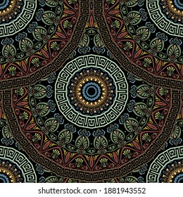 Greek floral mandalas seamless pattern. Colorful vector background. Beautiful greek key, meander ornaments. Repeat ornamental tribal ethnic backdrop. Vintage flowers, leaves, frames, circles, borders.