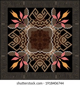 Greek floral vector pattern. Square frame, borders, flowers. Tribal abstract colorful background. Greek key, meanders ethnic ornament. Geometric modern grunge design. Dirty rough endless texture.