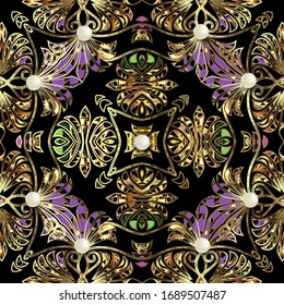 Greek floral vector seamless pattern. Ornamental abstract repeat background. Jewelry backdrop. Vintage flowers, leaves, shapes, mandalas. 3d white pearls gemstones. Colorful ethnic style design.