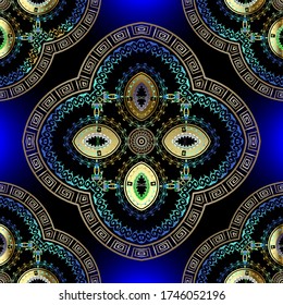 Grieche Blumenvektor nahtlos Muster. Ziergeometrisch-ethnisch-ethnischer Stamm Stil glühender Hintergrund. Farbenfrohe abstrakte Wiederholung der Hintergrund. Geometrisches, modernes griechisches Schlüsselgemälde mit Blumen, Formen.