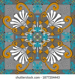 Greek floral vector seamless pattern. Abstract tribal ethnic style background. Repeat colorful backdrop with square frame, flowers, lines, mazes, shapes. Greek key, meanders geometric modern ornament.