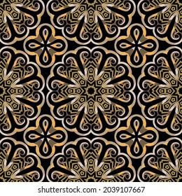 Greek floral vector seamless pattern. Repeat round mandalas background. Greek key, meanders ethnic style paisley ornament.  Vintage flowers. Geometric ornate modern design. Luxury endless texture.