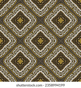 Patrón fluido del vector floral griego. Repetir los marcos tribales étnicos y los orígenes abstractos de las flores. Ornamento de las líneas doradas de la cruz de la llave griega.  Textura sin fin. Patrón de moda con rhombus, marcos.