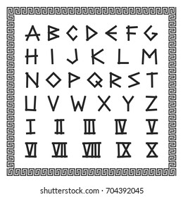 Greek Font. Vector English Alphabet. Ancient Latin Letters With Roman Numerals.