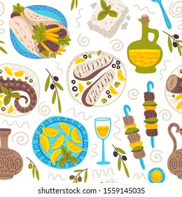 Greek food cartoon vector seamless pattern. Traditional mediterranean cuisine dishes hand drawn texture. Greece national cooking decorative background. Wallpaper, textile, wrapping paper flat design