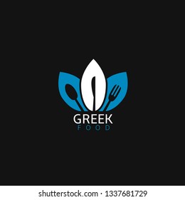 Greek food icon. Greek flag symbol Spoon fork and knife icons