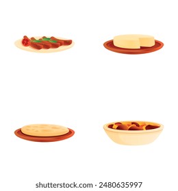 Greek food icons set cartoon vector. Various greek cuisine dish. Mediterranean product