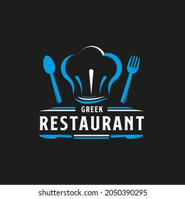 Greek Food Restaurant Logo. Greece flag symbol with Spoon, Fork, Chef Hat, Toque, and Knife icons. Premium and Luxury Logo Design