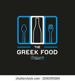 Greek Food Restaurant Logo. Greece flag symbol with Spoon, Fork, Chef Hat, Toque, and Knife icons. Premium and Luxury Logo Design